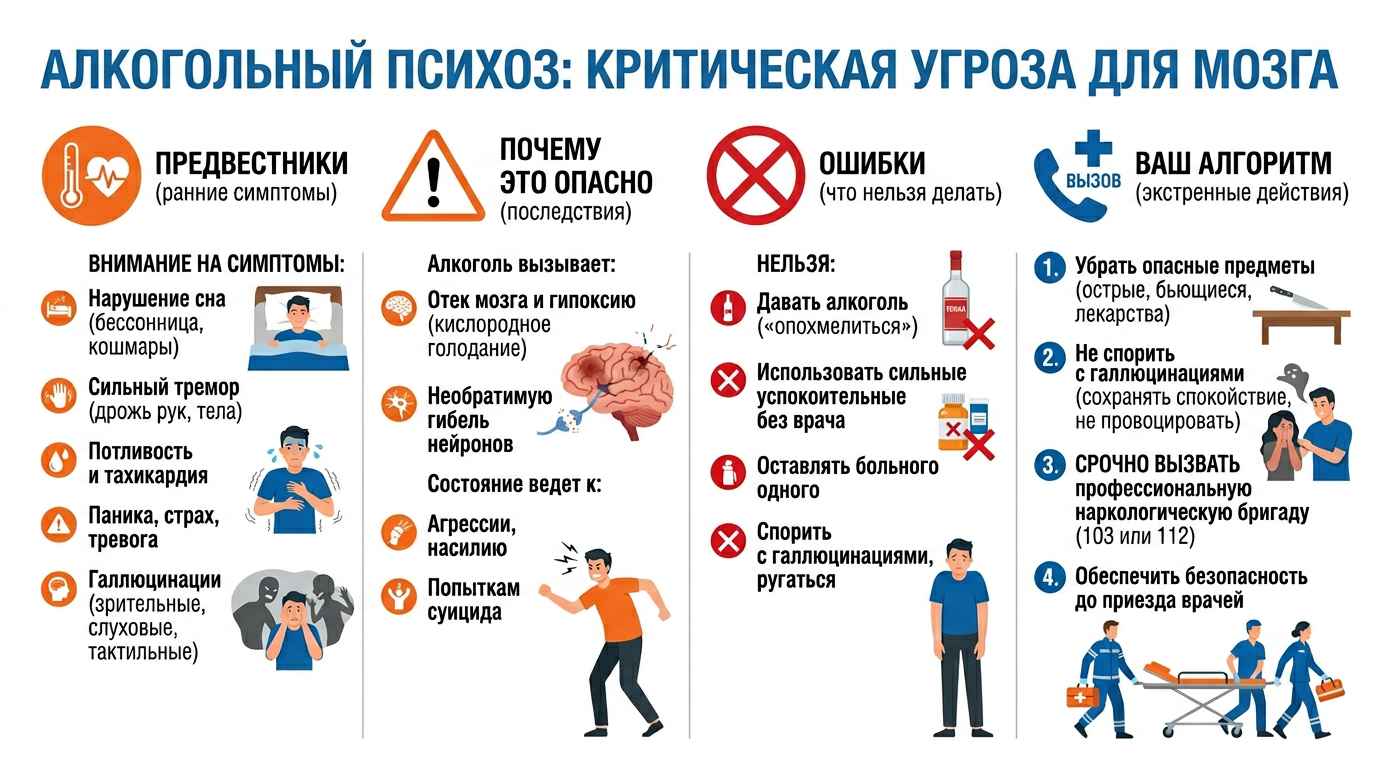 Инфографика «Алкогольный психоз: признаки, опасность и первая помощь»