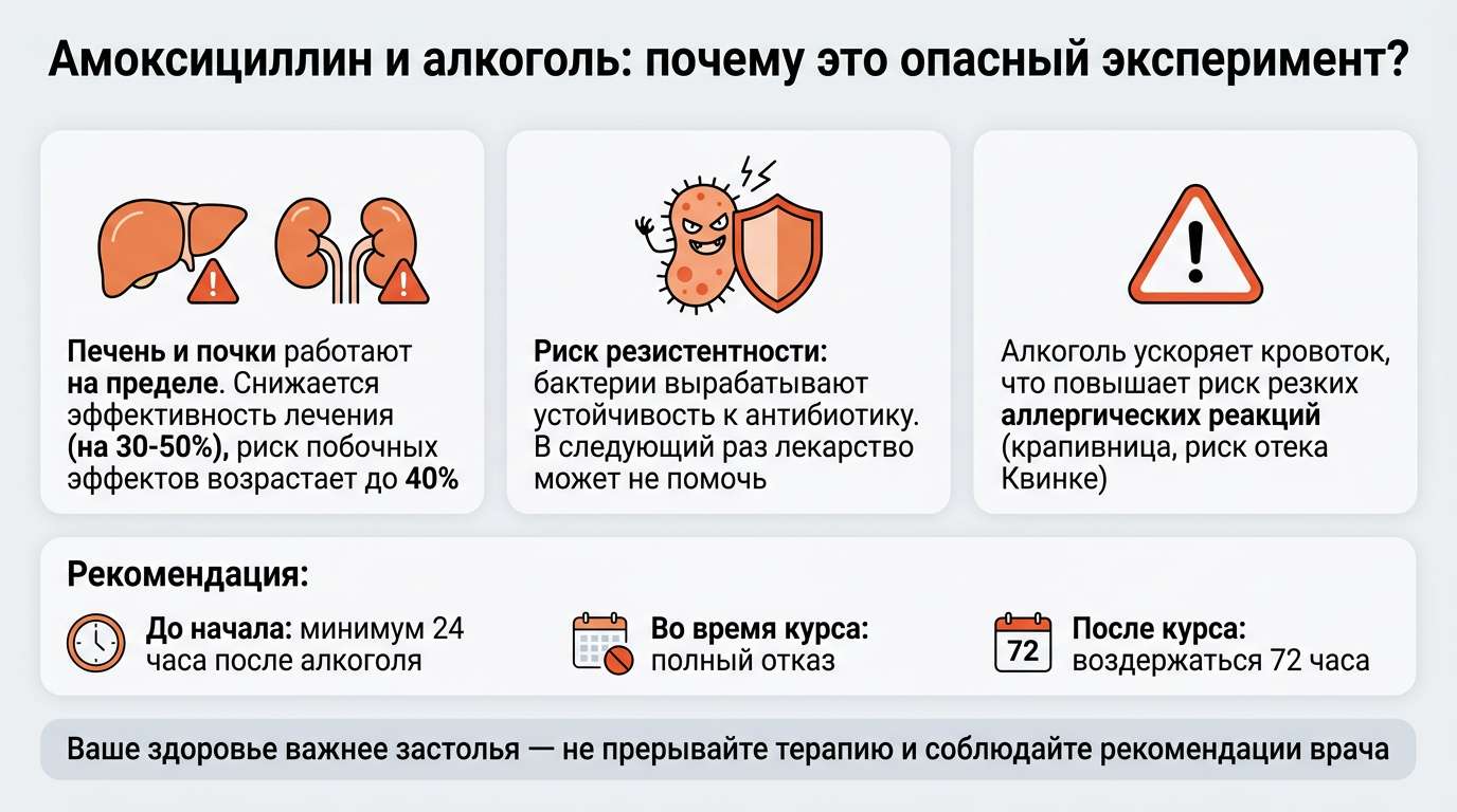 Инфографика «Амоксициллин и алкоголь: опасные последствия и рекомендации по срокам приема»