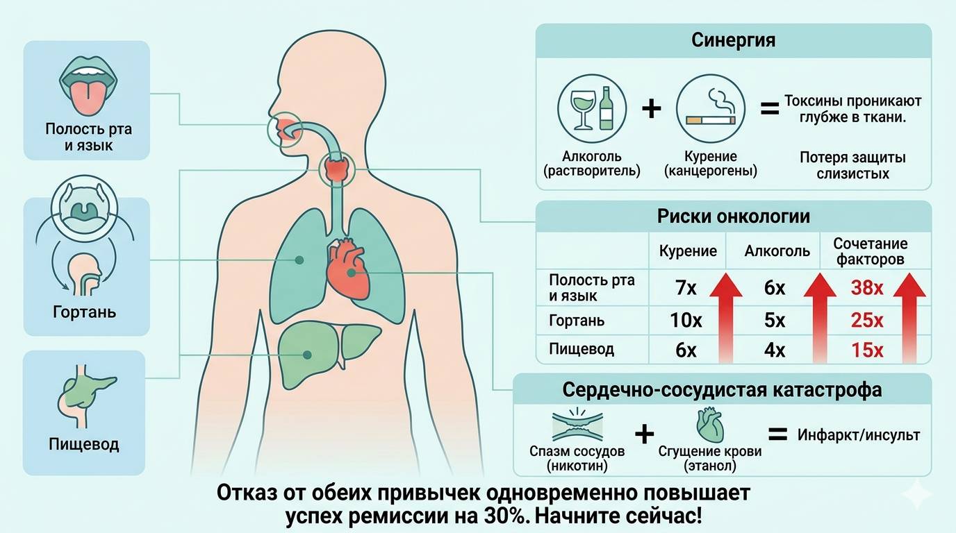 Инфографика, демонстрирующая синергию вреда алкоголя и курения