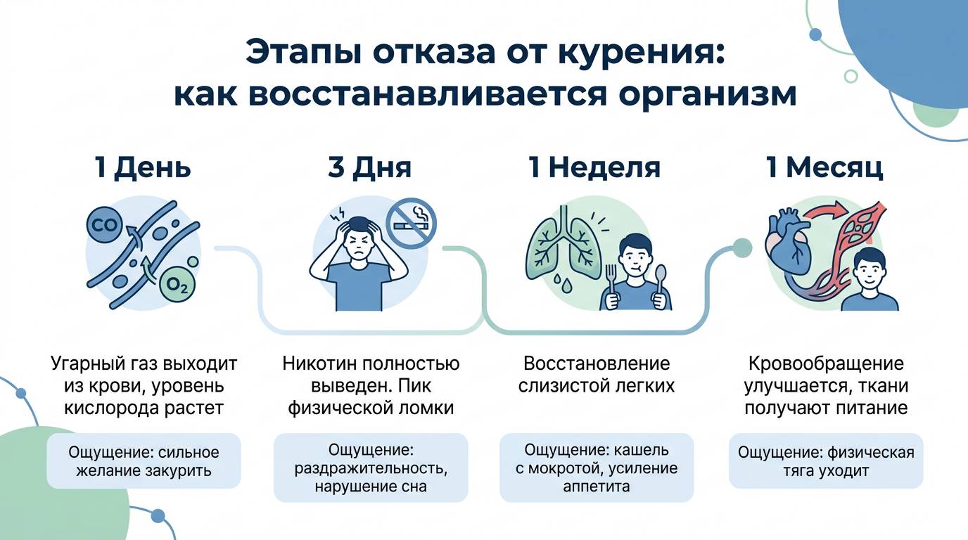 Инфографика: календарь восстановления организма после отказа от курения