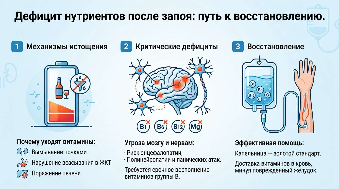 Инфографика о дефиците витаминов и минералов при алкогольной интоксикации