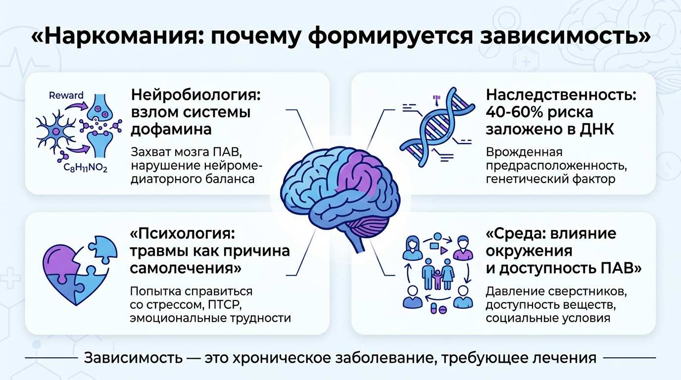 Инфографика о комплексных причинах возникновения зависимости