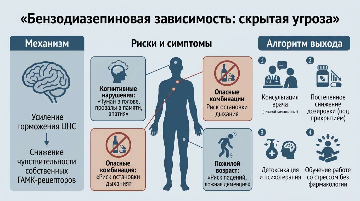 Инфографика о механизмах зависимости от бензодиазепинов