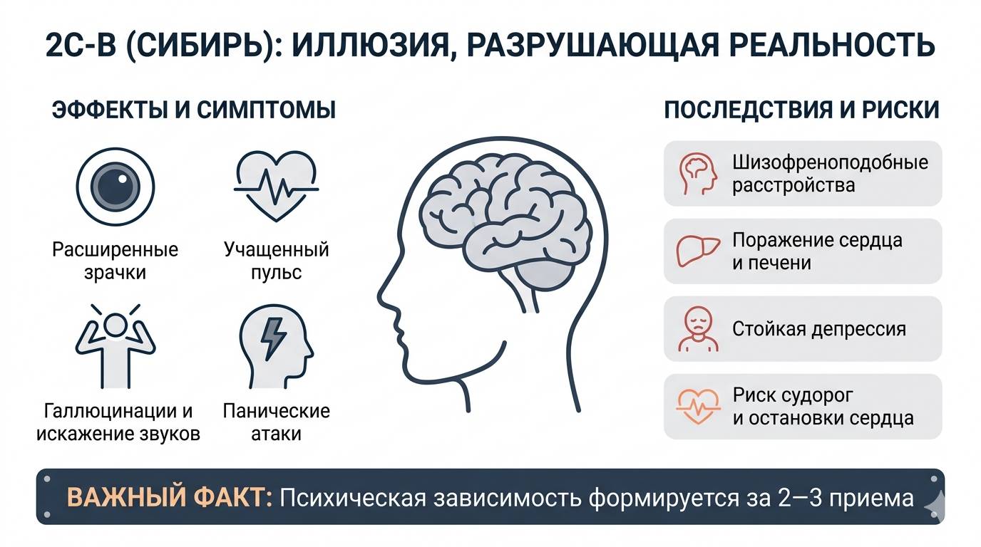Инфографика о наркотике 2C-B (Сибирь), описывающая физические симптомы