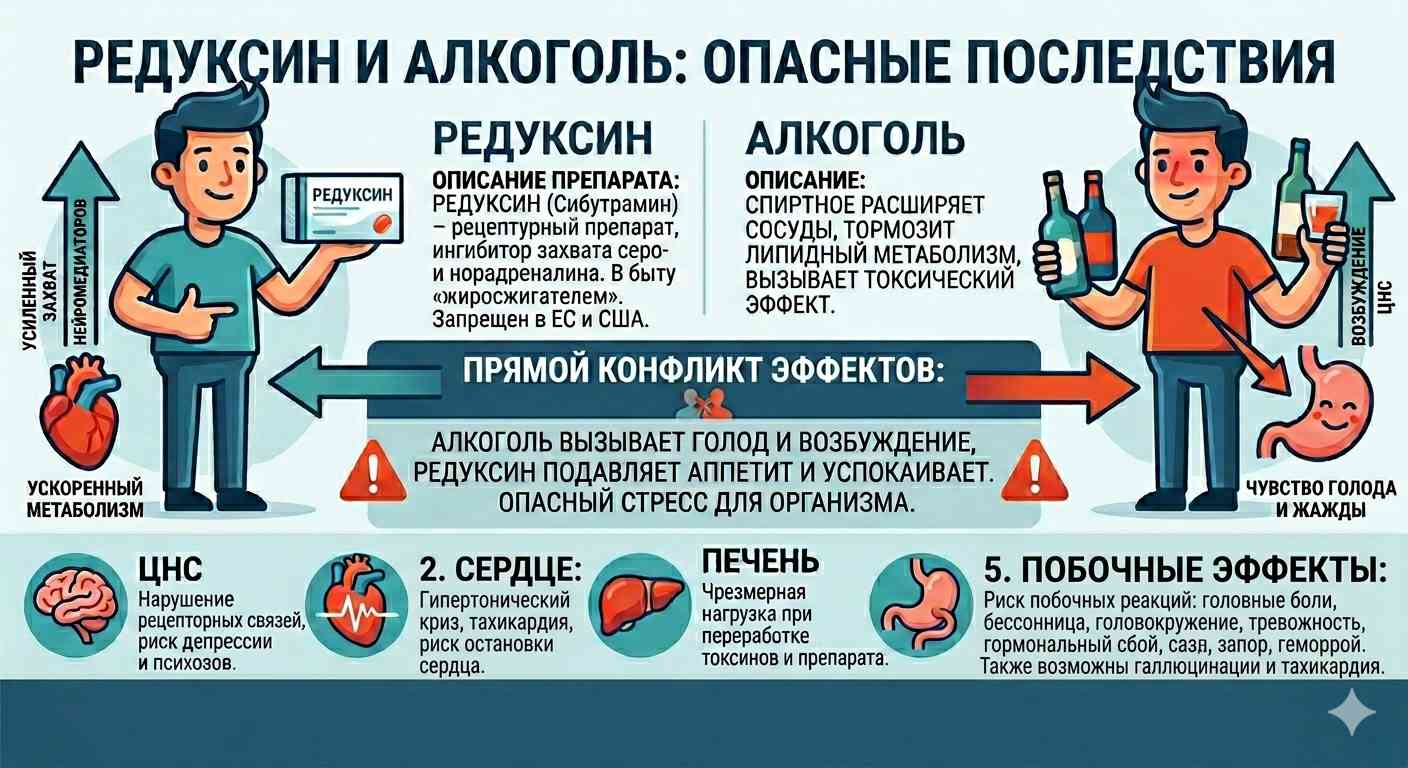 Инфографика о несовместимости Редуксина и алкоголя