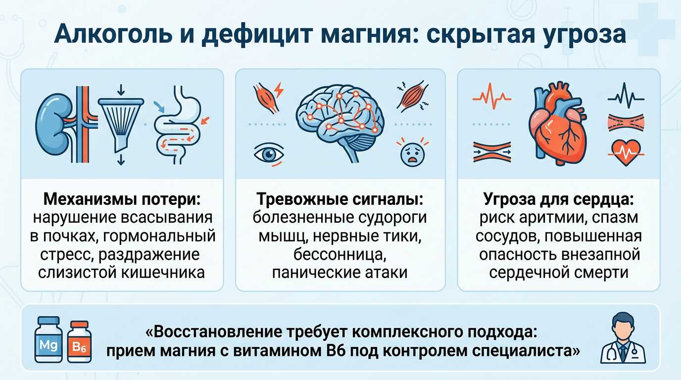 Инфографика о последствиях дефицита магния при употреблении алкоголя