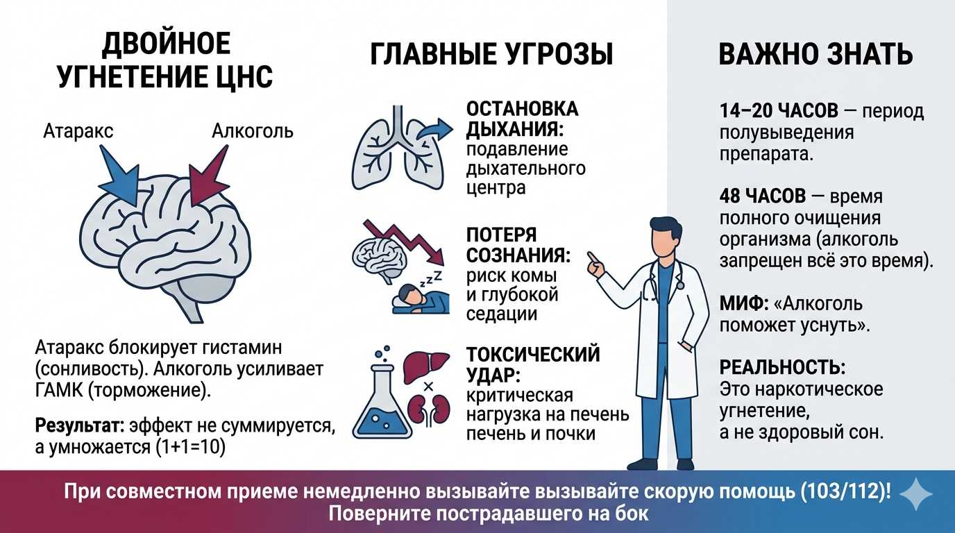 Инфографика о последствиях смешивания Атаракса с алкоголем