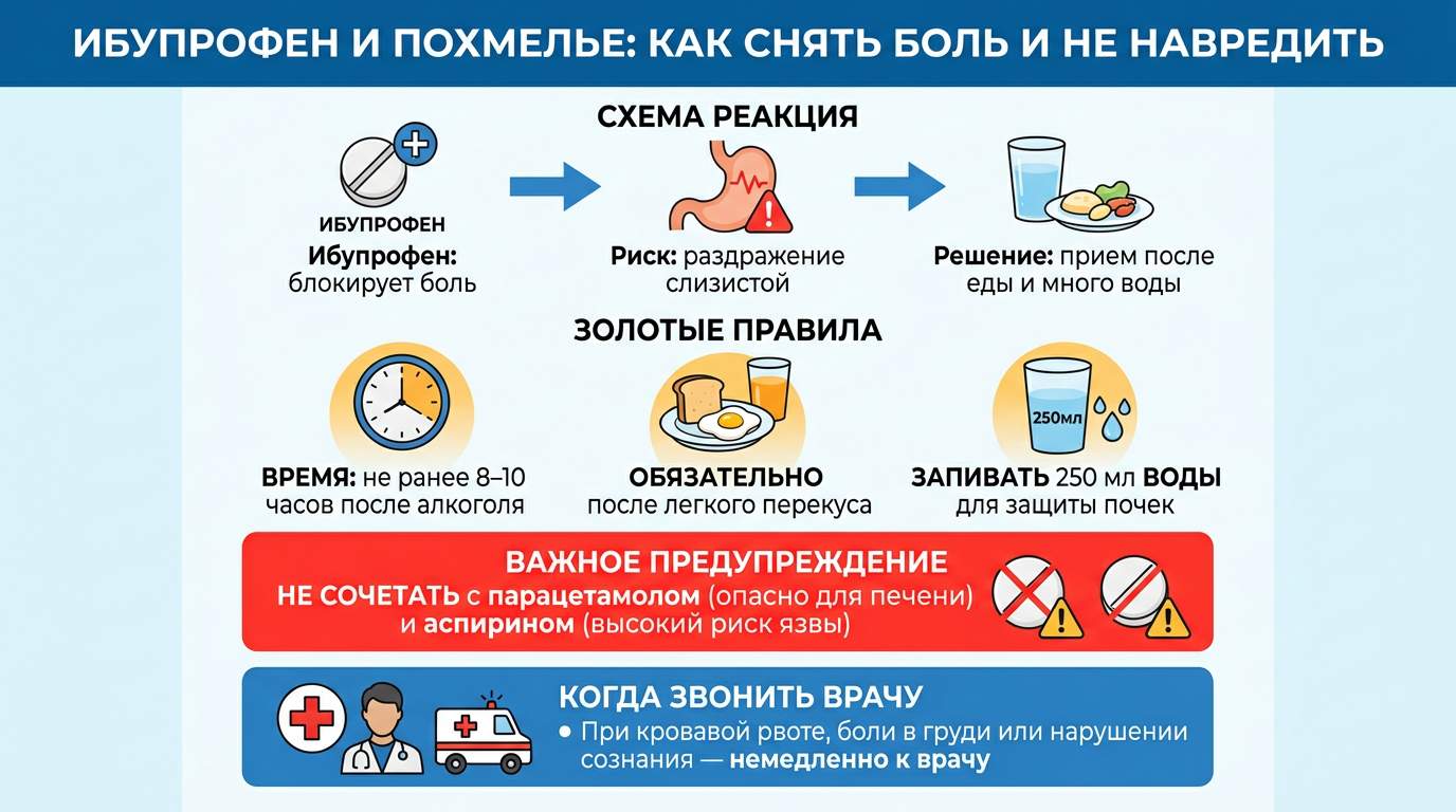 Инфографика о правилах безопасного приема ибупрофена при похмелье