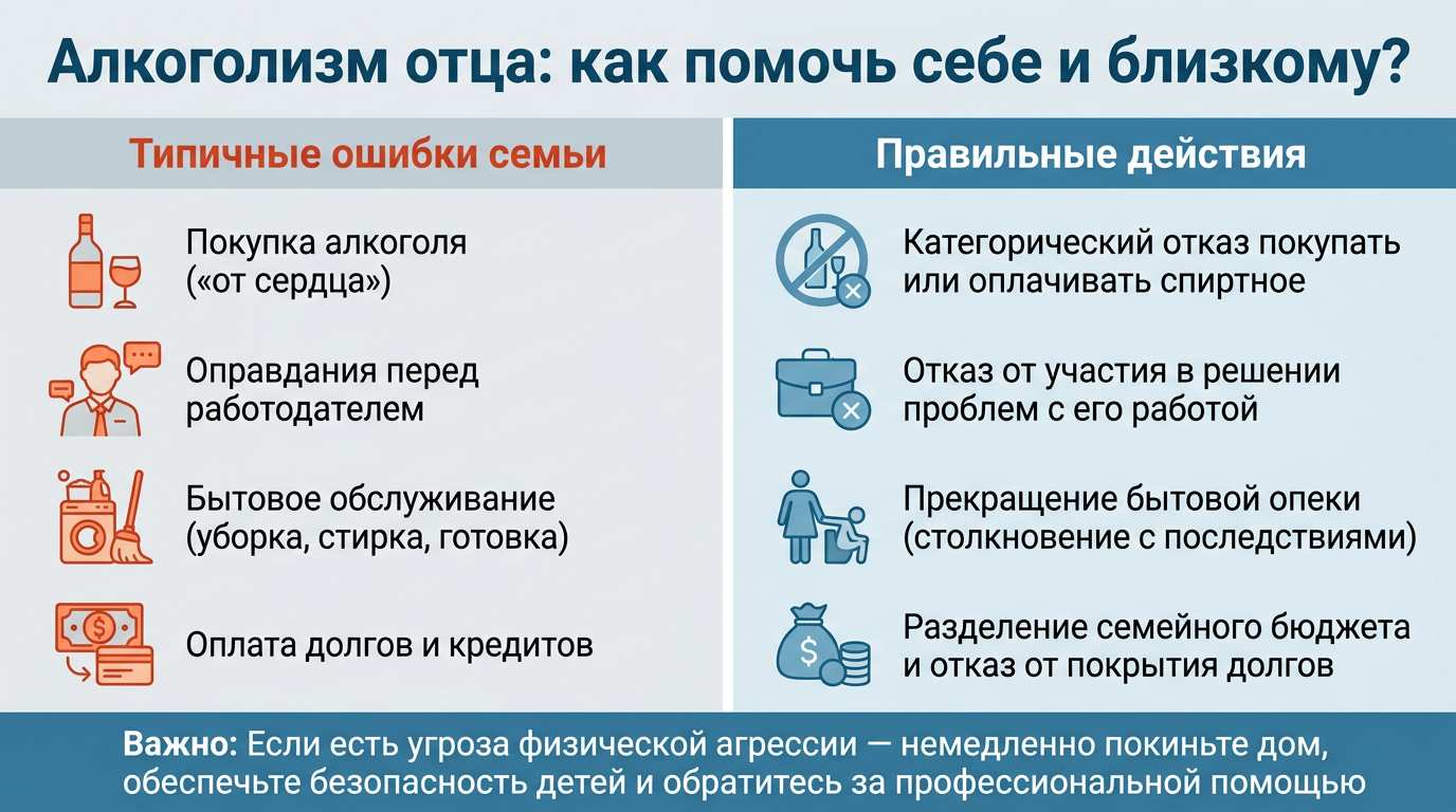 Инфографика о правильном поведении членов семьи при алкогольной зависимости отца