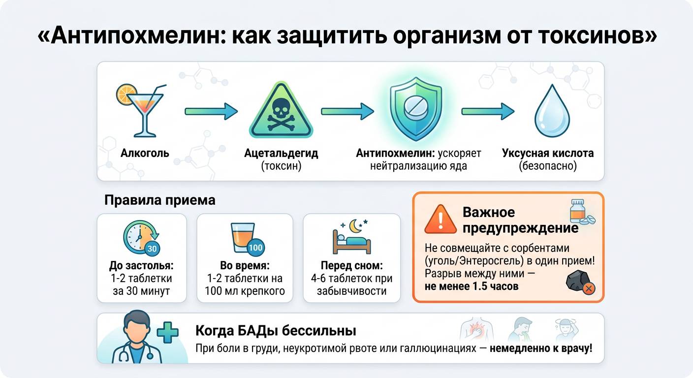 Инфографика о правильном приеме препарата Антипохмелин