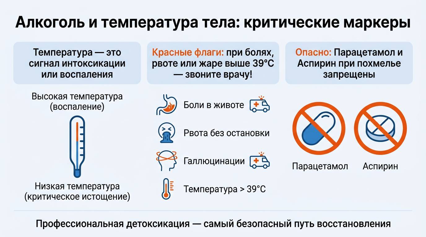 Инфографика о причинах повышения и понижения температуры при похмелье
