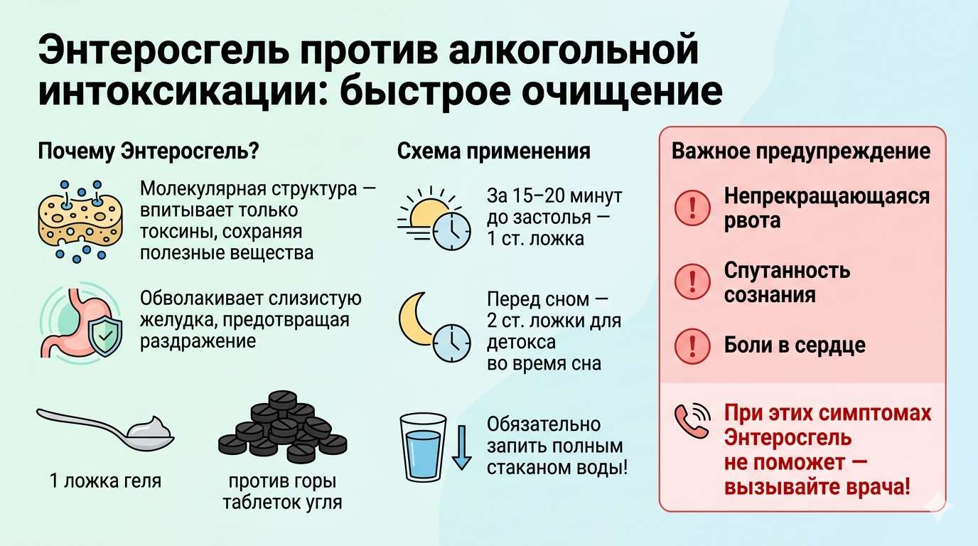 Инфографика о применении Энтеросгеля при алкогольной интоксикации