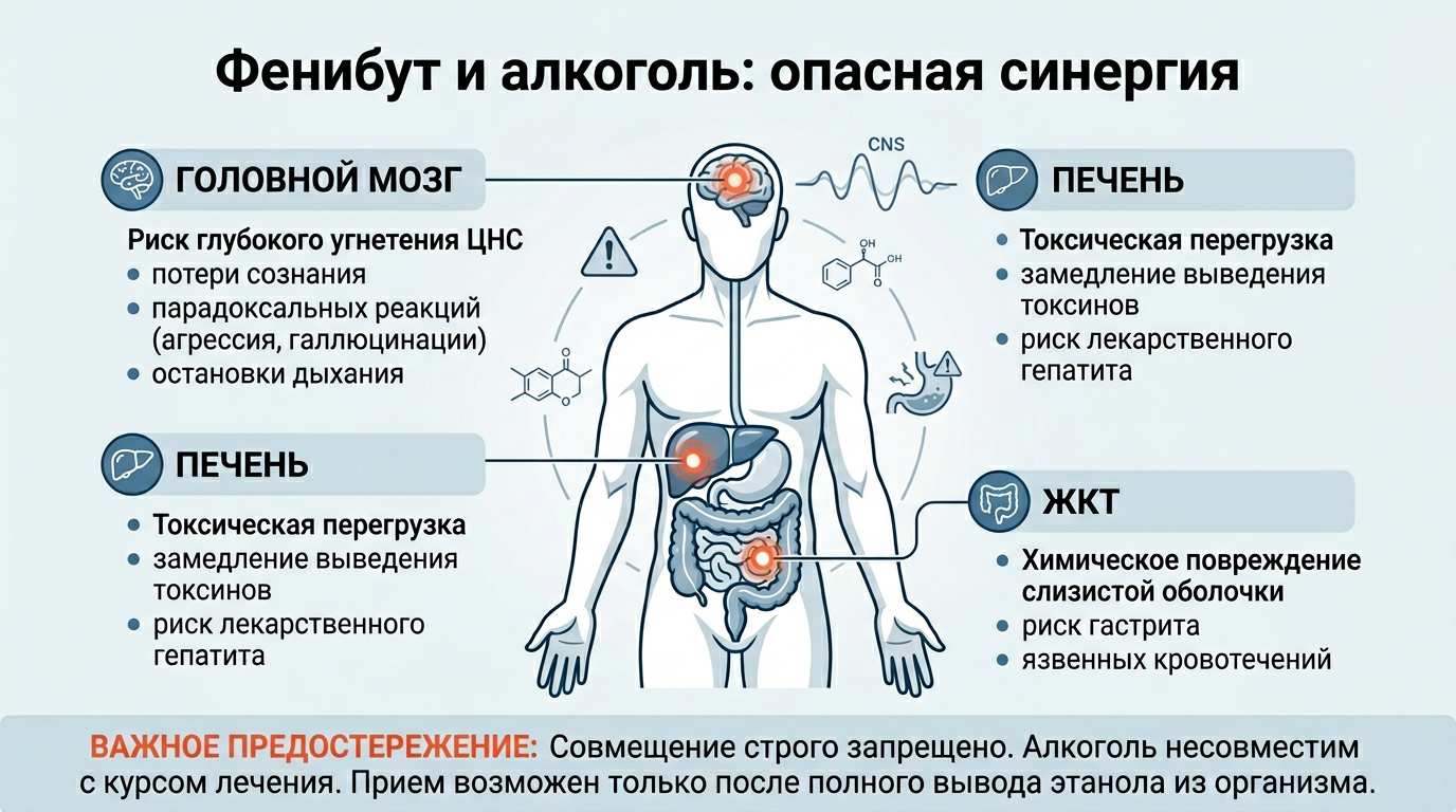 Инфографика о рисках и последствиях совместного приема Фенибута и алкоголя