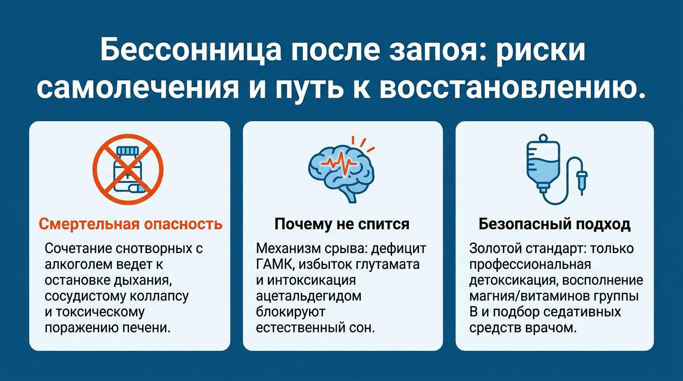 Инфографика о рисках самолечения бессонницы после запоя