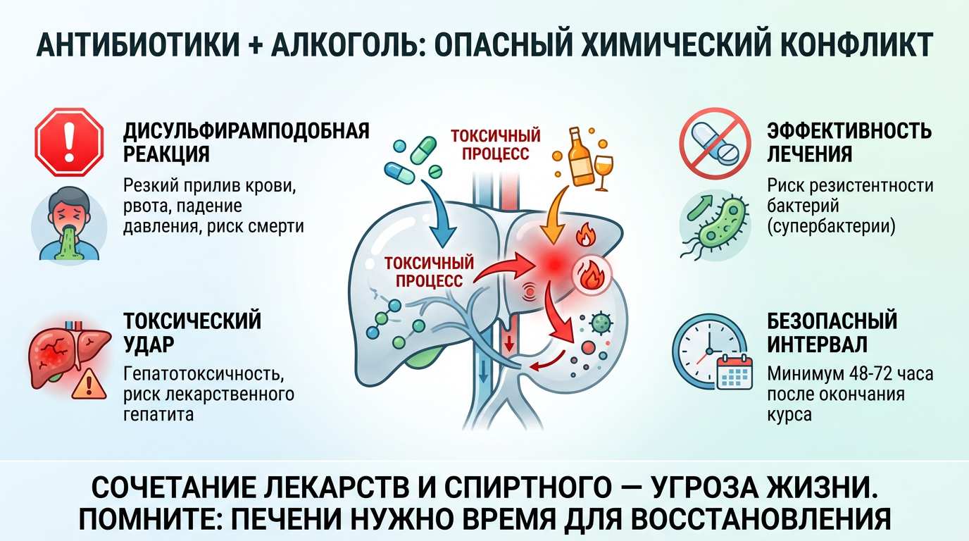 Инфографика о рисках совмещения антибиотиков с алкоголем
