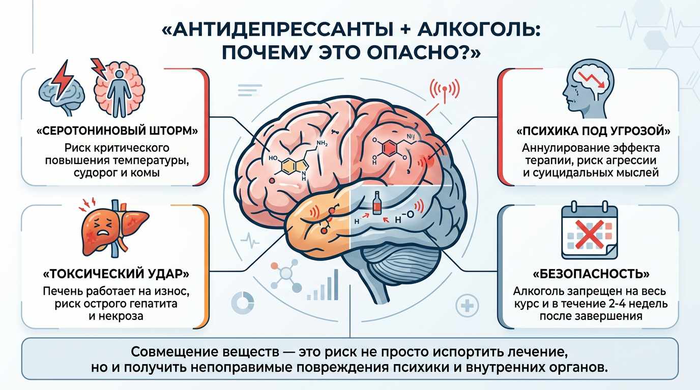 Инфографика о рисках совмещения антидепрессантов со спиртным