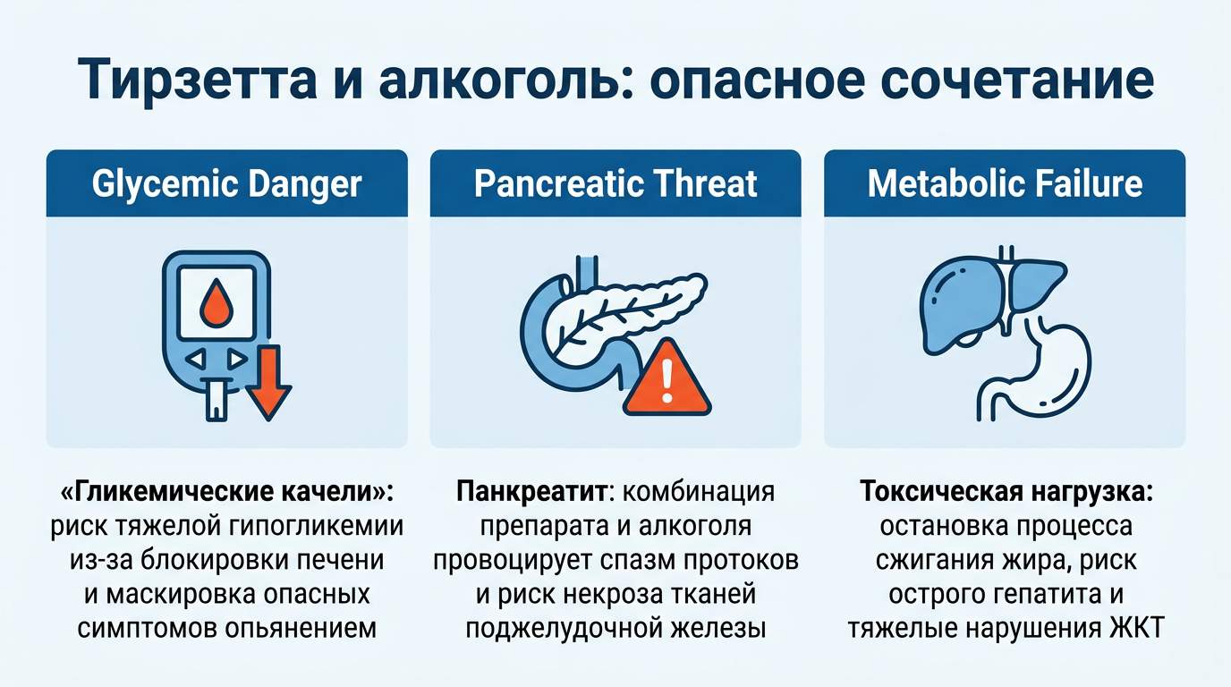Инфографика о рисках совмещения препарата Тирзетта с алкоголем