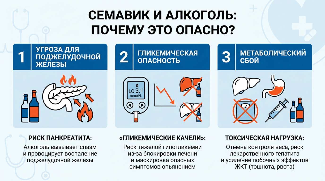 Инфографика о рисках совмещения Семавика с алкоголем