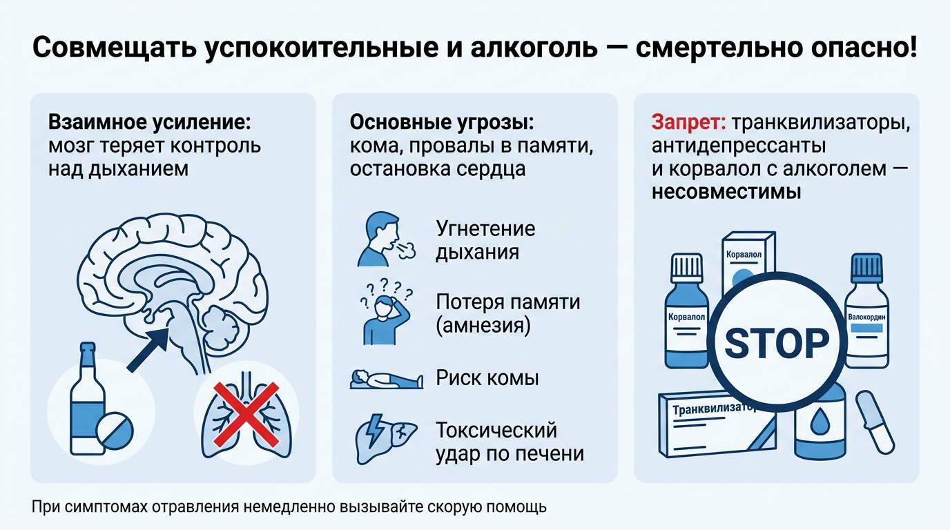 Инфографика о рисках совместного приема алкоголя и седативных препаратов