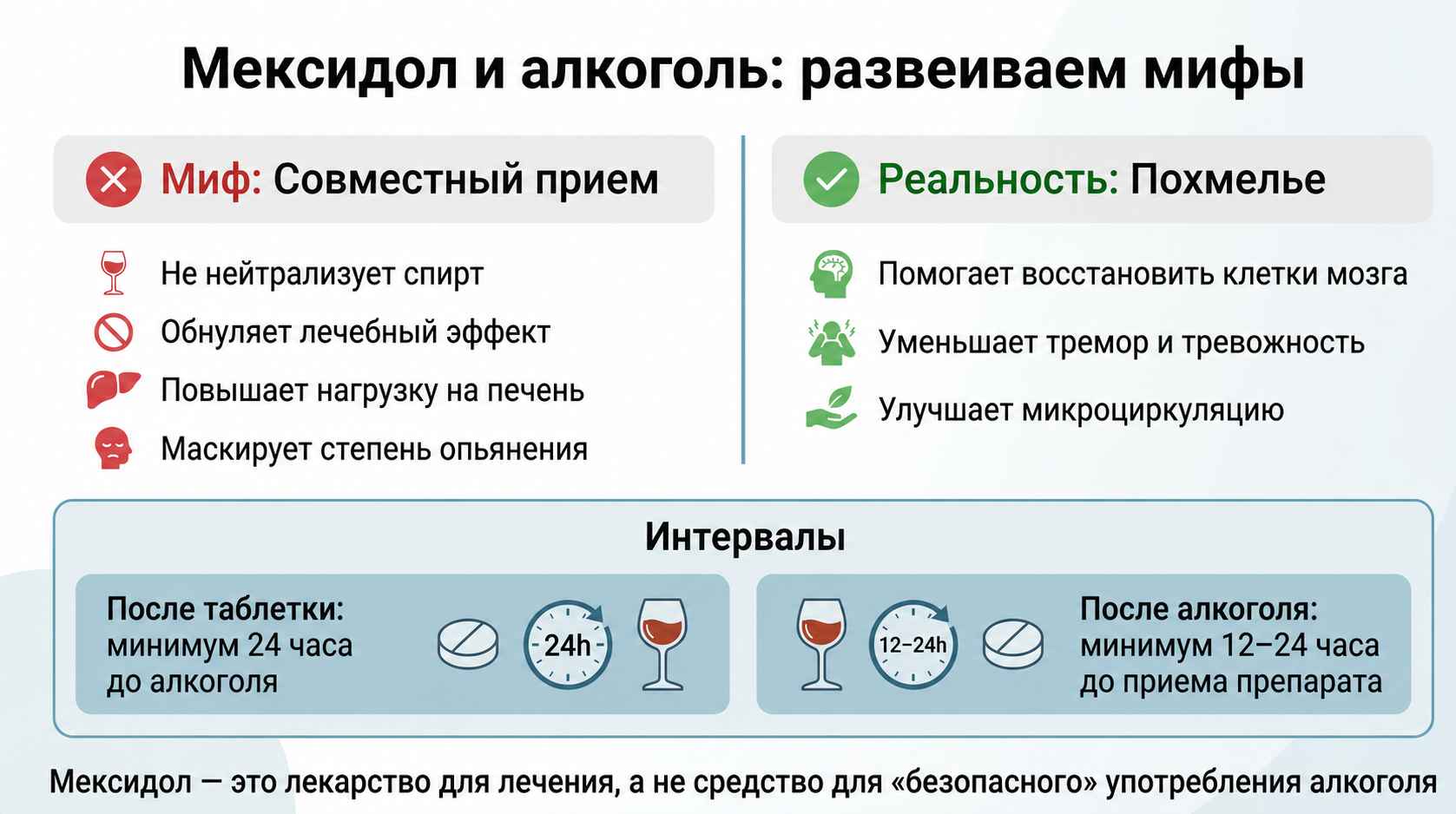 Инфографика о совместимости препарата Мексидол и алкоголя