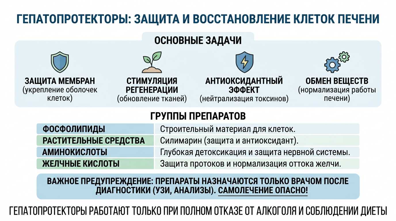Инфографика о том, как работают гепатопротекторы и группы препаратов для восстановления печени