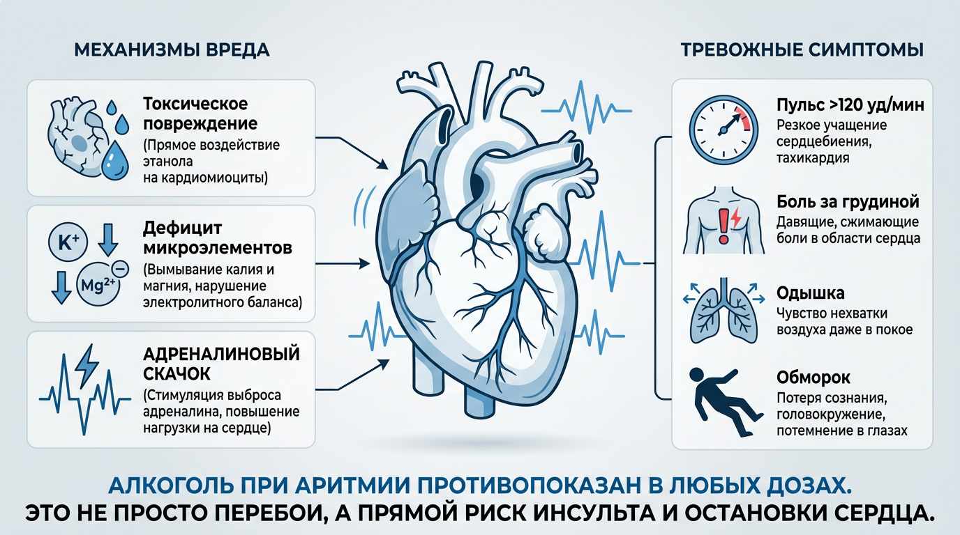 Инфографика о влиянии алкоголя на сердечный ритм и симптомах аритмии