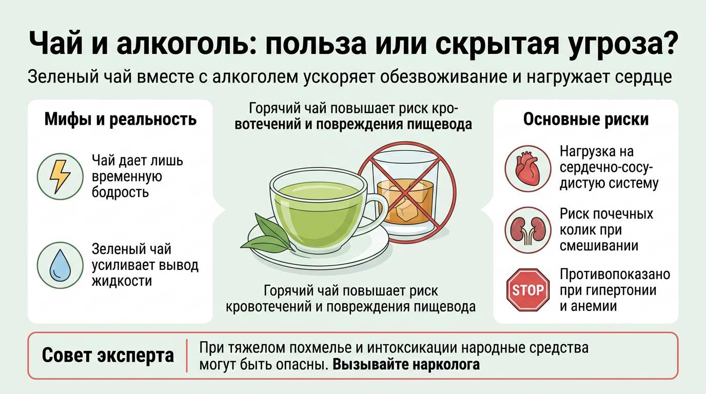 Инфографика о влиянии чая на организм при употреблении алкоголя