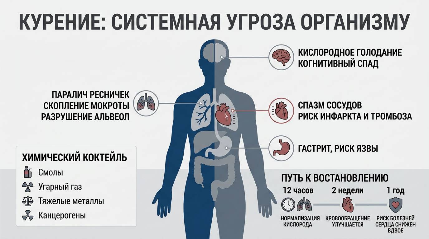 Инфографика о вреде курения для внутренних органов человека