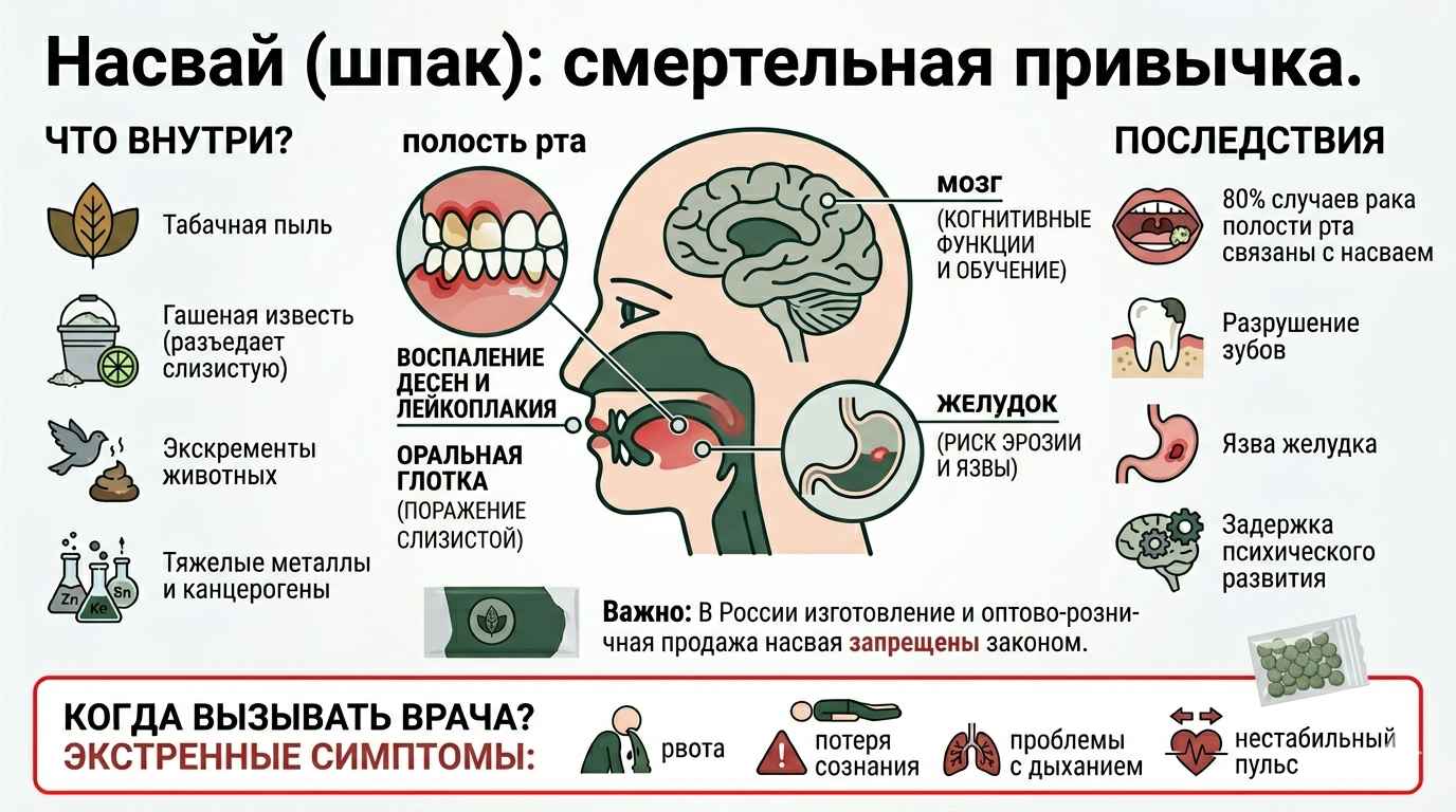 Инфографика о вреде насвая, описывающая токсичный состав вещества, последствия для здоровья