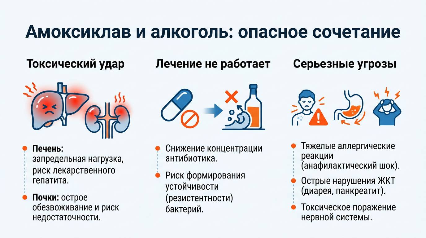 Инфографика о вреде сочетания антибиотика Амоксиклав с алкоголем