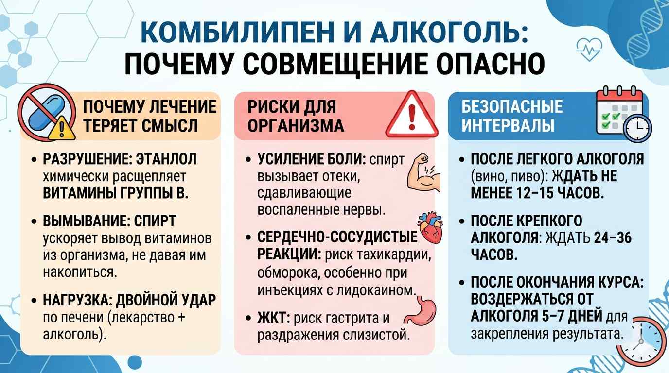 Инфографика о вреде сочетания препарата Комбилипен с алкоголем