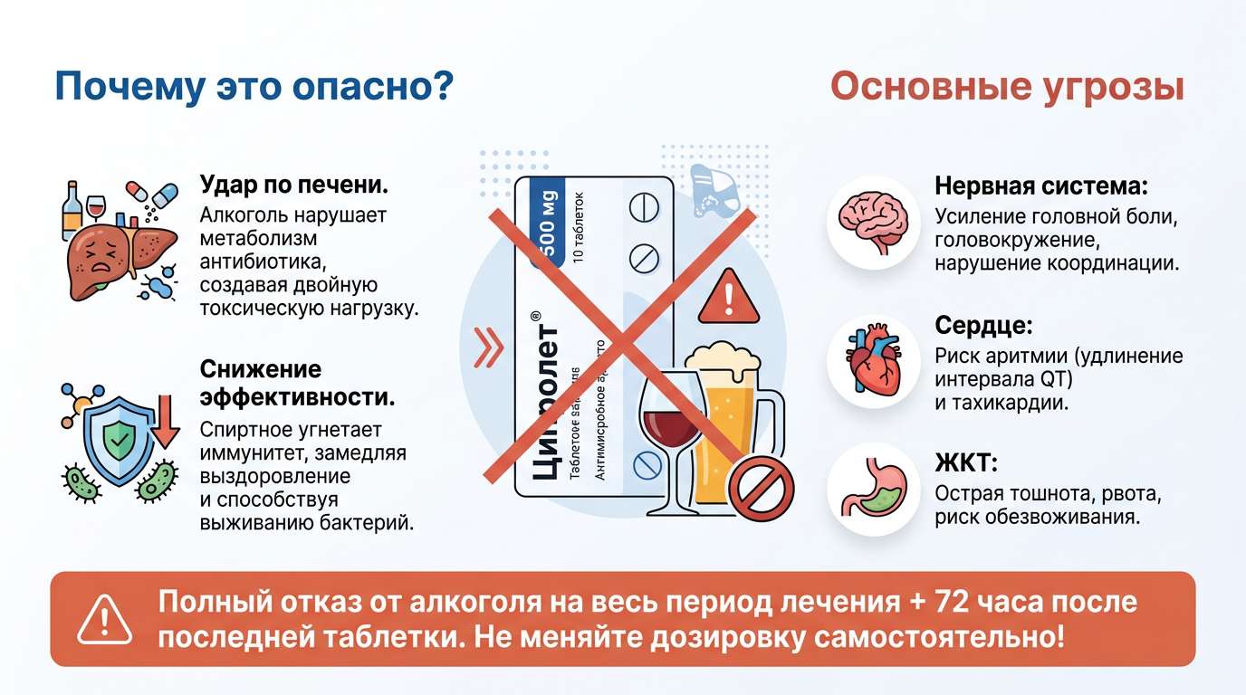 Инфографика о вреде совместного приема антибиотика Ципролет и спиртных напитков