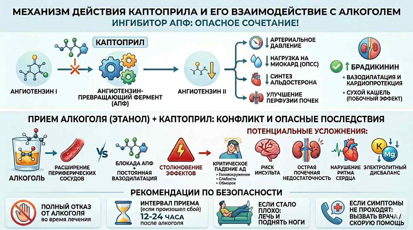 Инфографика о вреде совместного приема Каптоприла и спиртного