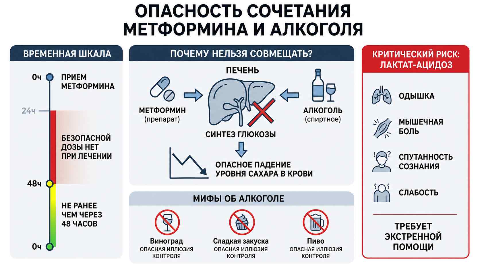 Инфографика о вреде совместного приема метформина и алкоголя