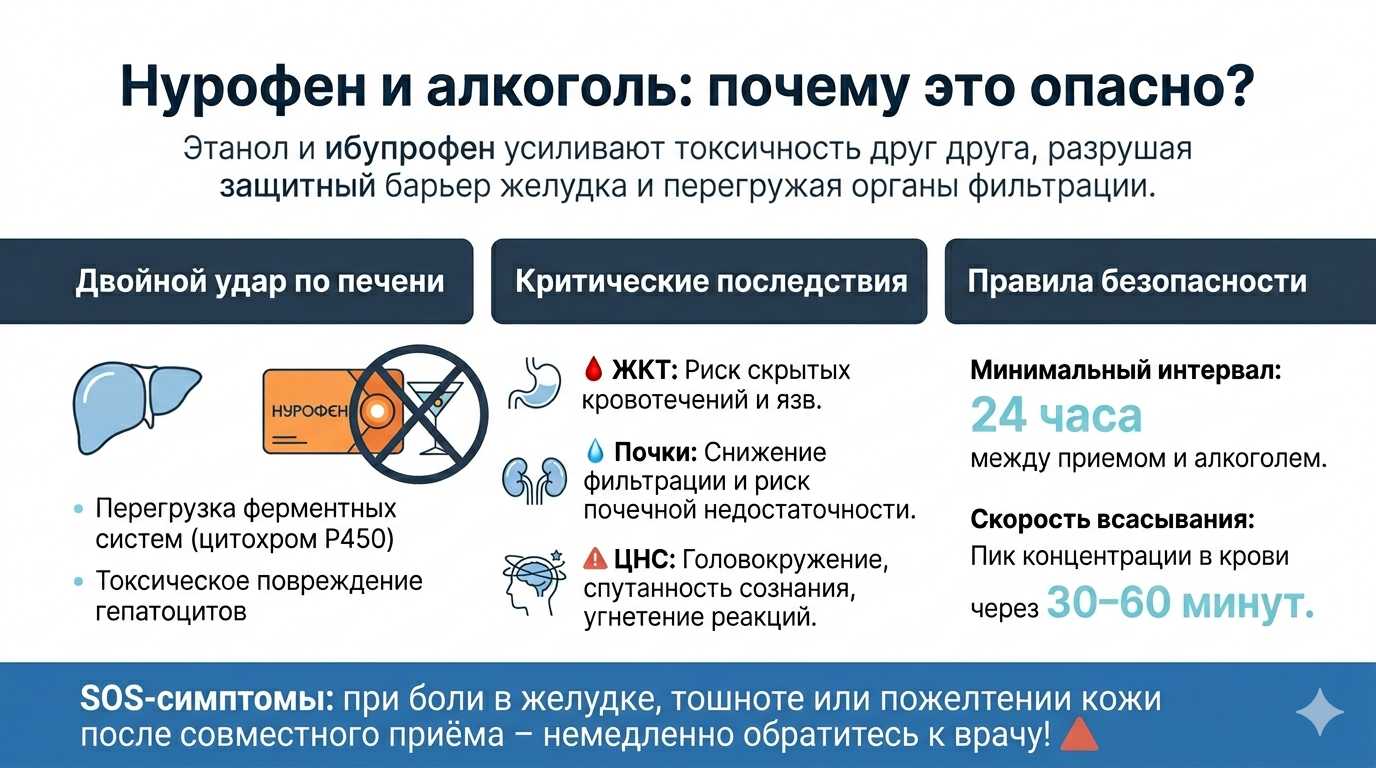 Инфографика о вреде совместного приема Нурофена и алкоголя