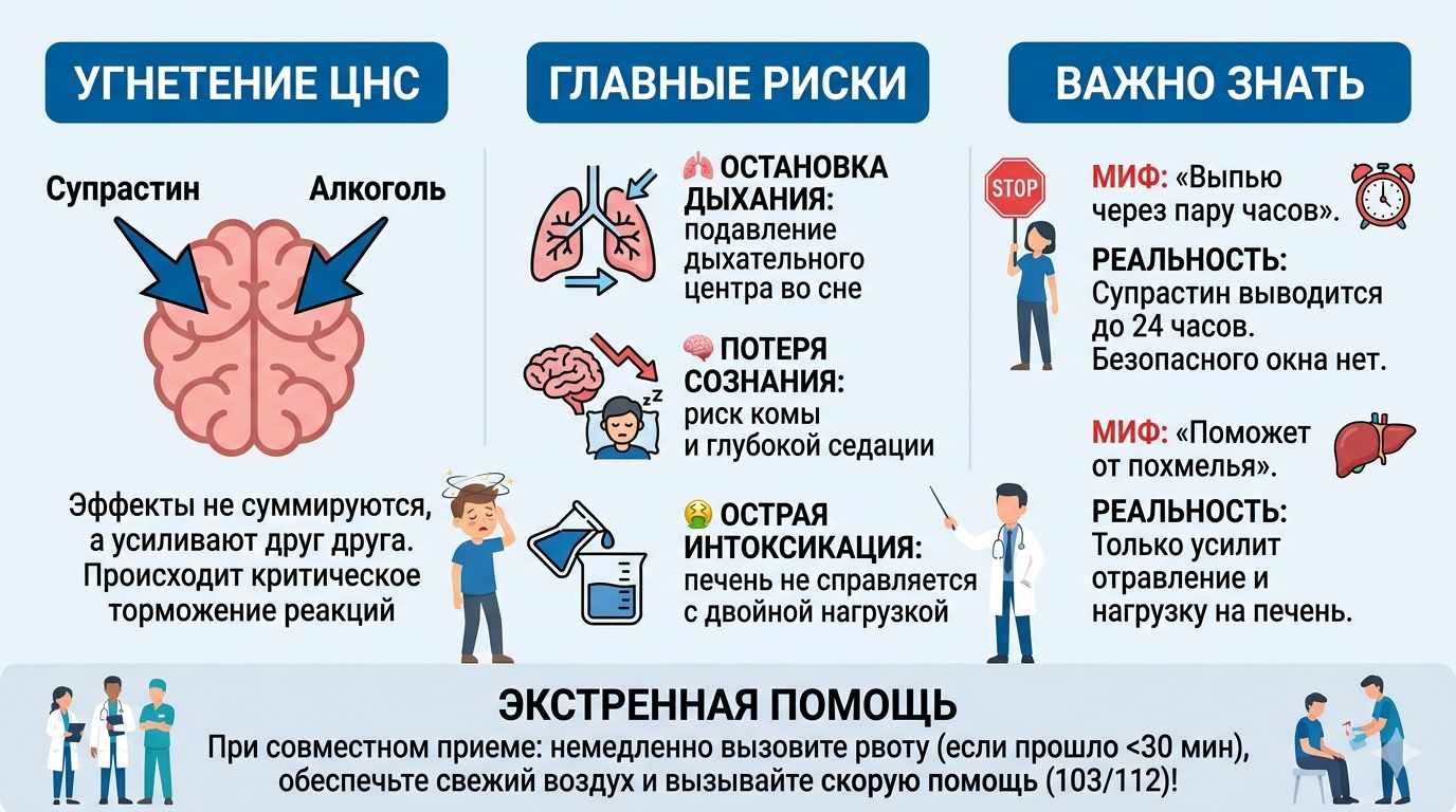 Инфографика о вреде совместного приема Супрастина и алкоголя