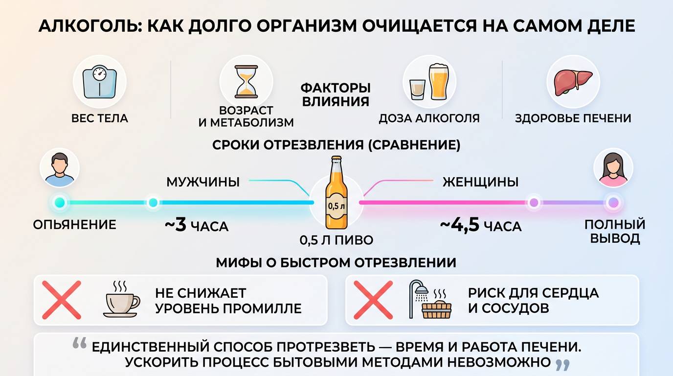 Инфографика о времени вывода алкоголя из крови