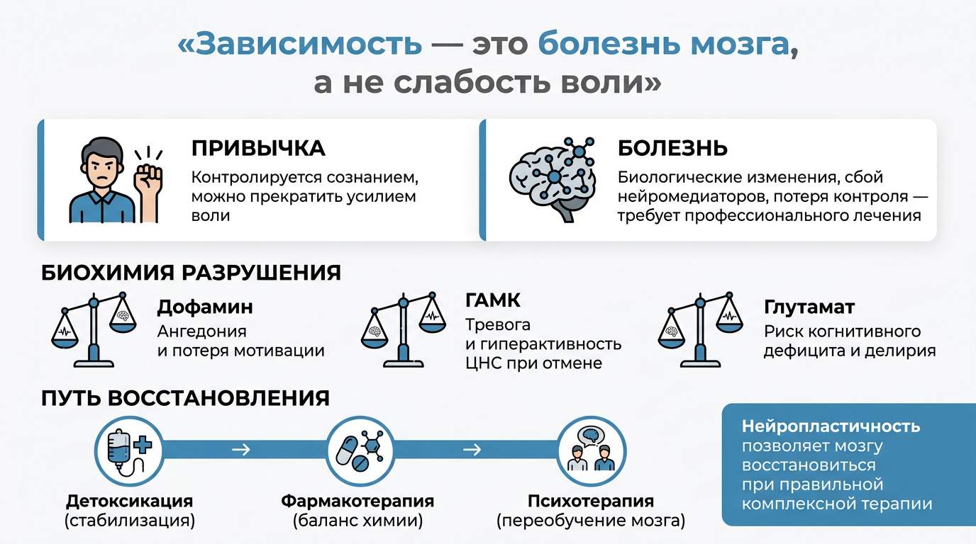 Инфографика, объясняющая биологическую природу зависимости как заболевания мозга