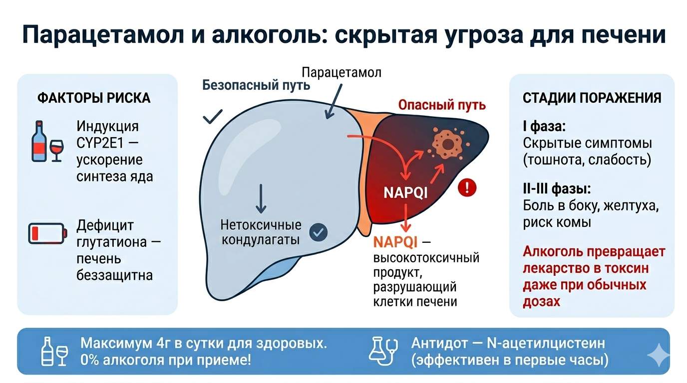 Инфографика, объясняющая механизм поражения печени при сочетании парацетамола с алкоголем   