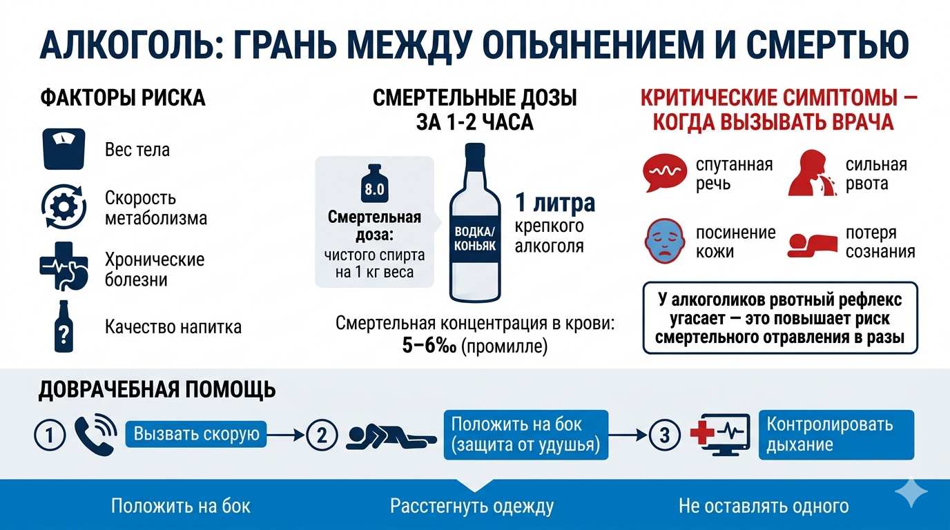 Инфографика, объясняющая понятие промилле, смертельные дозы разных напитков и порядок действий для спасения человека