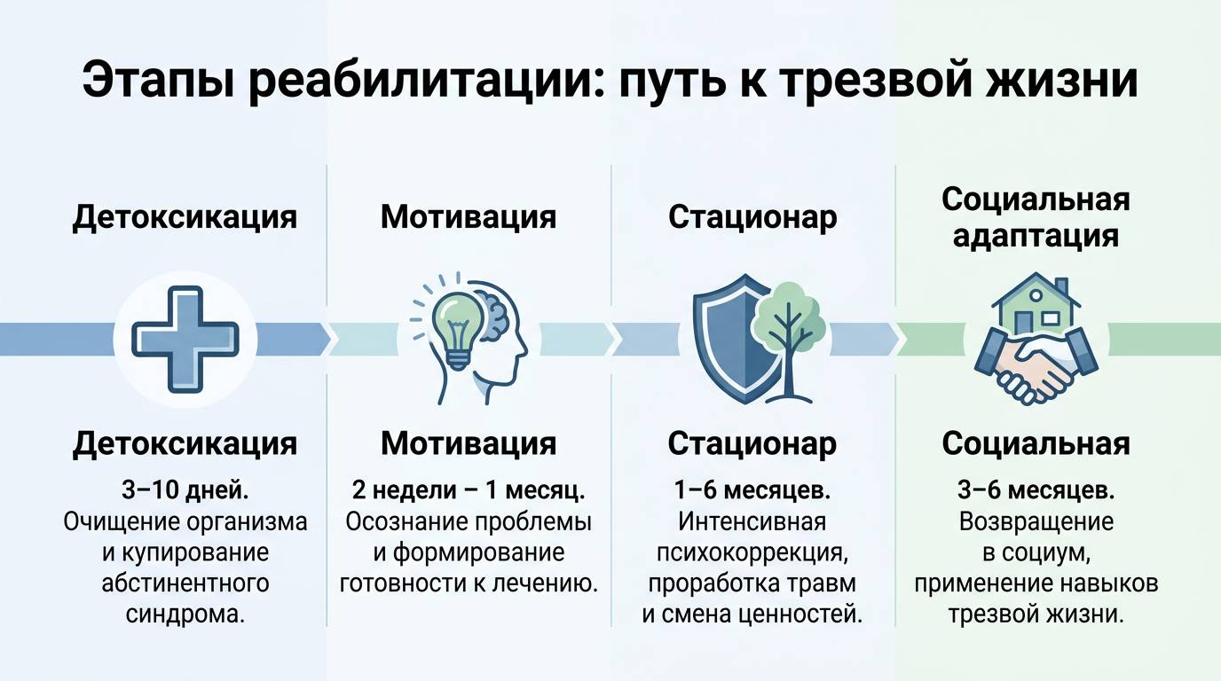 Инфографика: основные этапы и сроки реабилитации от химической зависимости