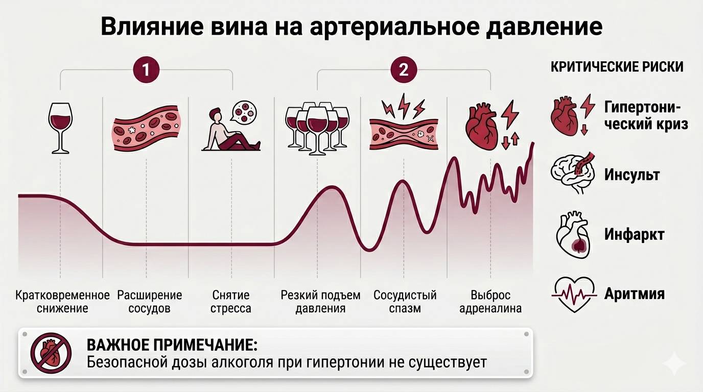 Инфографика, показывающая двухфазное влияние вина на давление
