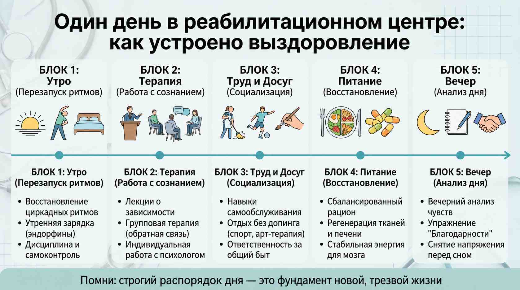 Инфографика, показывающая типичный распорядок дня в реабилитационном центре