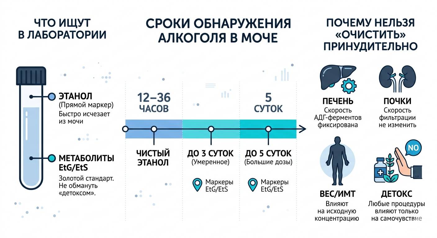 Инфографика, показывающая время сохранения этанола и стабильных метаболитов (EtG, EtS) в моче