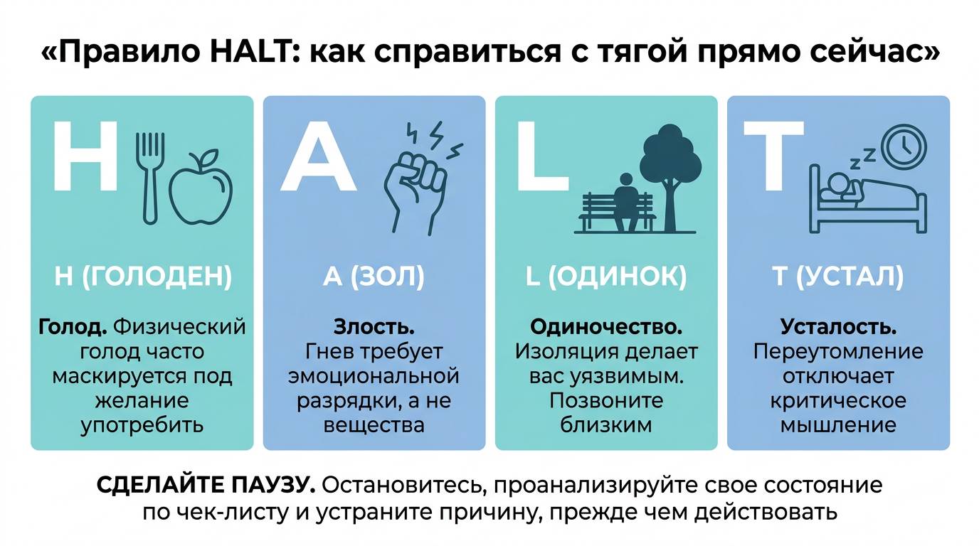 Инфографика Правило HALT для профилактики срыва при зависимости