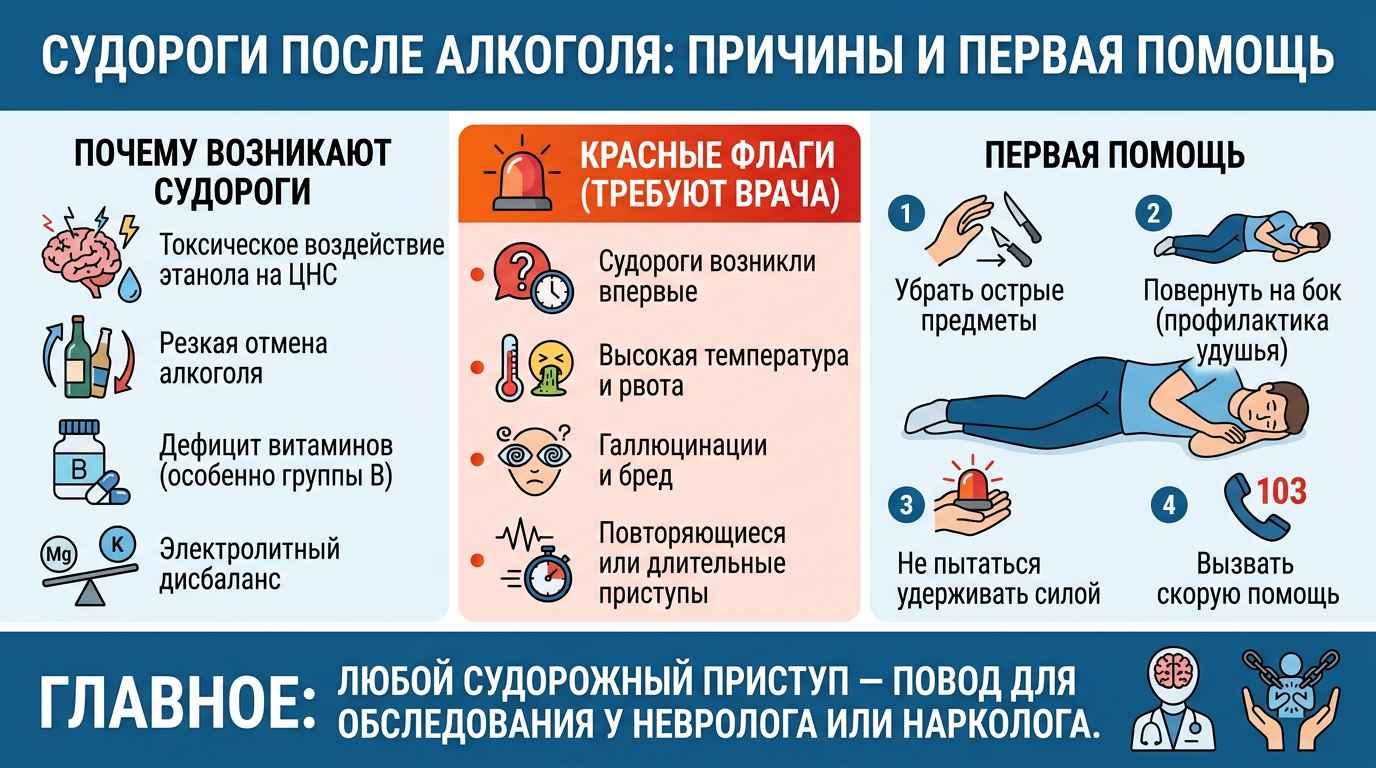 Инфографика: причины судорог после алкоголя и правила оказания первой помощи