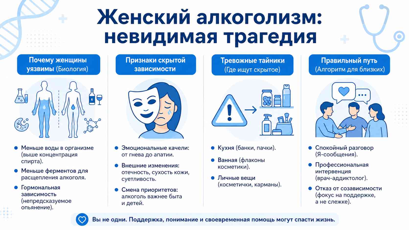 Инфографика: признаки женского алкоголизма, почему женщины пьянеют быстрее и как помочь близкому человеку