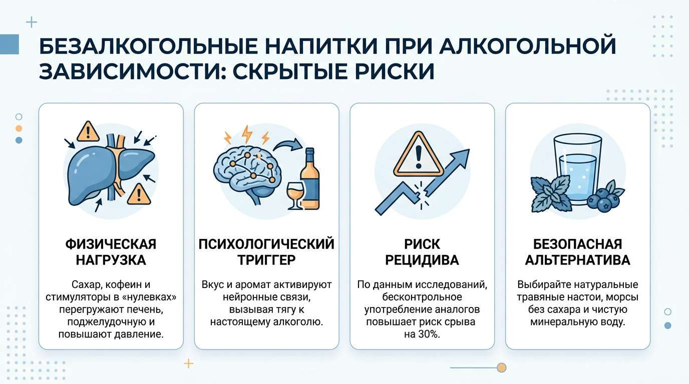Инфографика: риски употребления безалкогольных имитаций алкоголя при зависимости