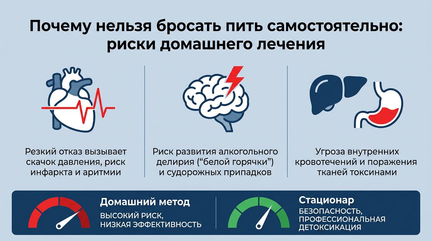 Инфографика рисков при самостоятельном выходе из запоя