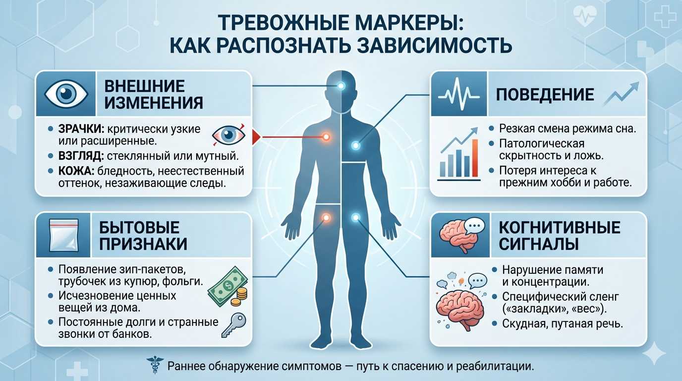Инфографика с основными внешними, поведенческими и бытовыми признаками наркотической зависимости